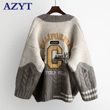  AZYT Autumn Winter Knit Women's Cardigan 2022 V Neck Letters Embroidery Knit Cardigan Oversized Sweater Female Cardigan Jacket 