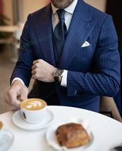

Navy Stripe Mens Suit 2022 Slim Fit Peak Lapel Prom Best Men Groom Suit Blazer Custom Made 3 Piece Set ( Jacket+Pants+Vest+Tie)