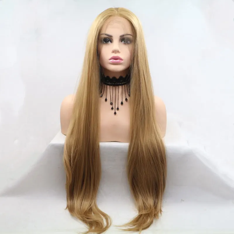 

Bombshell Synthetic Lace Front Wig Gold Yellow Color Straight Heat Resistant Fiber Hair Middle Parting For Women Girls Wigs