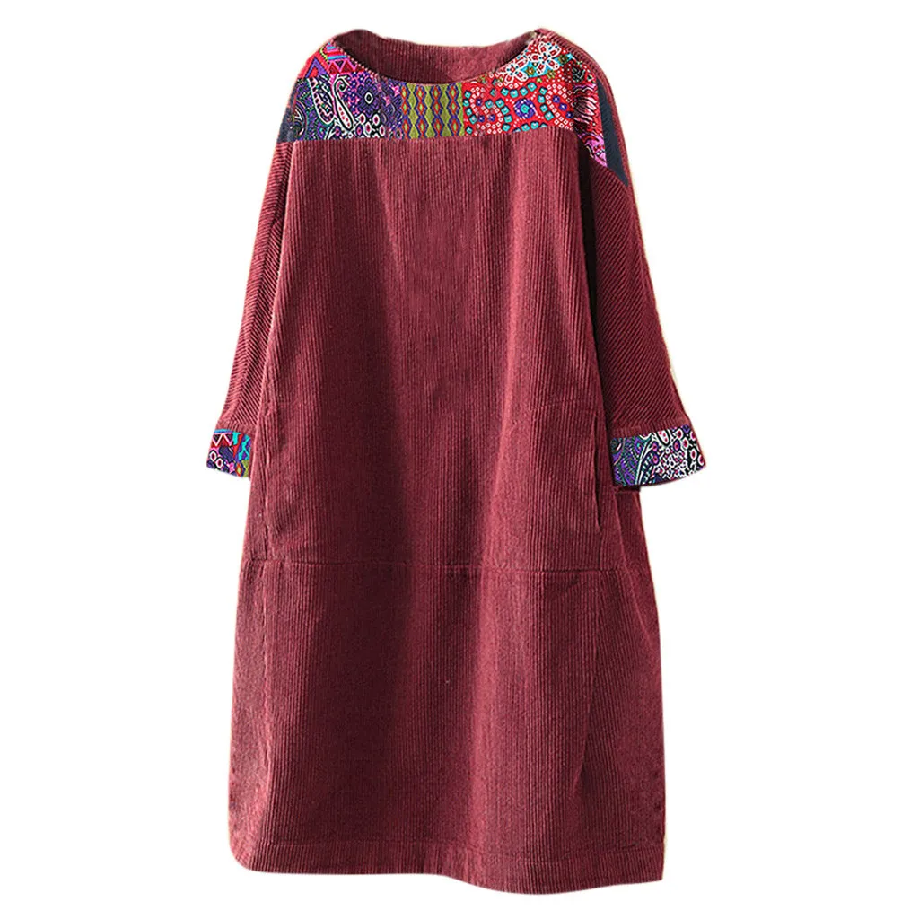 Женские платья, винтажное вельветовое платье с этническим принтом размера плюс, Boho Vestidos, Осень-зима, женское лоскутное свободное платье с длинным рукавом