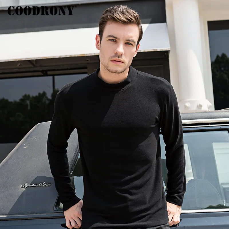Najtaniej COODRONY marka koszulka z długim rękawem mężczyźni dzianina bawełniana koszulka Homme długa koszula moda stójka w stylu casual T shirt C5006