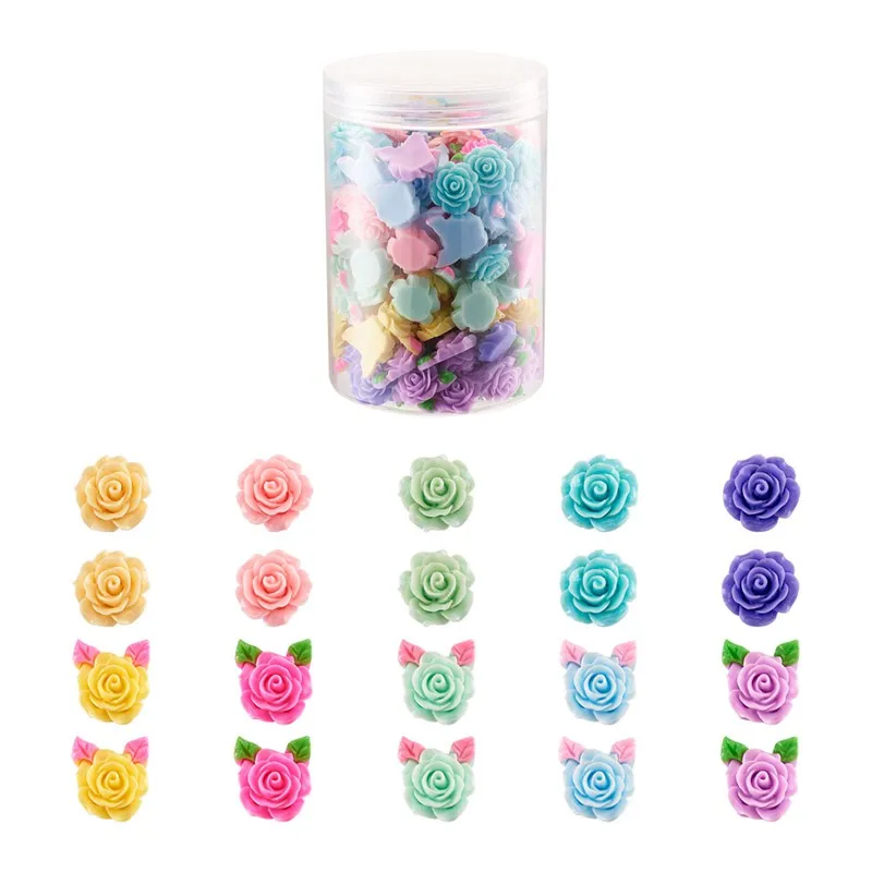 Pandahall 200pcs Opaque Resin Cabochon Rose Flower with Leaf Cabochon for Jewelry Making DIY Earring Hairpin Brooch Supplies