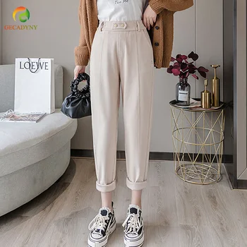 

Women Corduroy Harem Pants Solid High Waist Buttons Loose Casual Ankle-Length Pants Autumn New Elastic Waist Pants Female