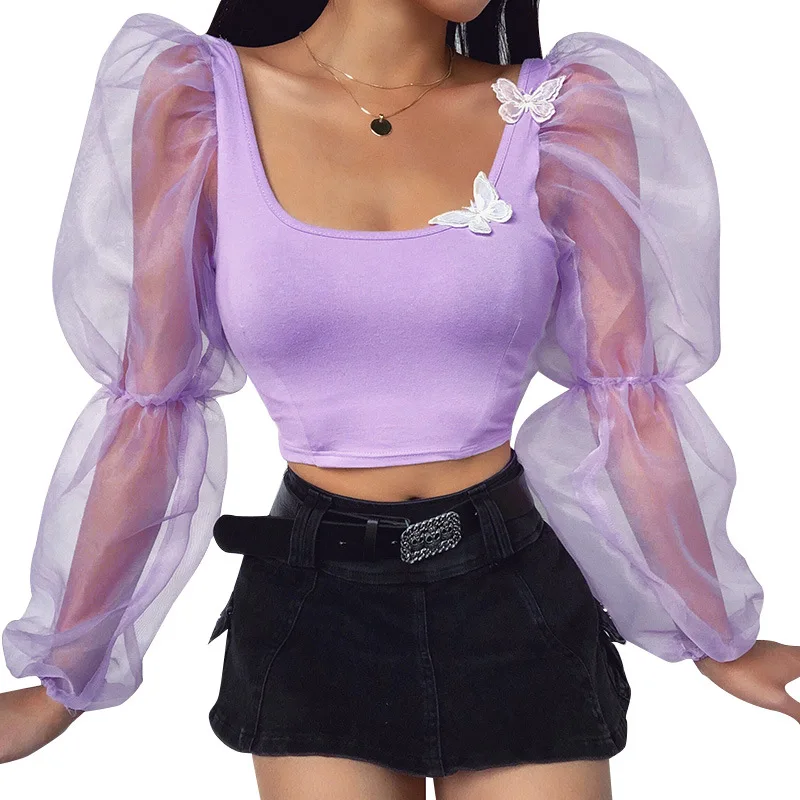

Ladies Solid Color Mesh Puff Sleeve U Neck Crop Top Autumn Women Butterfly Decoration Pullover Tops Female Casual Shirt