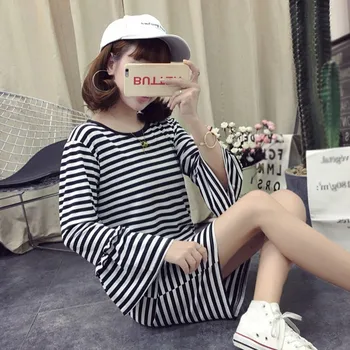 

Vintage Dress Women Retro Summer Dress Striped Print Round Neck Sleeve Slim Mid-Length Long Dresses vestidos de verano