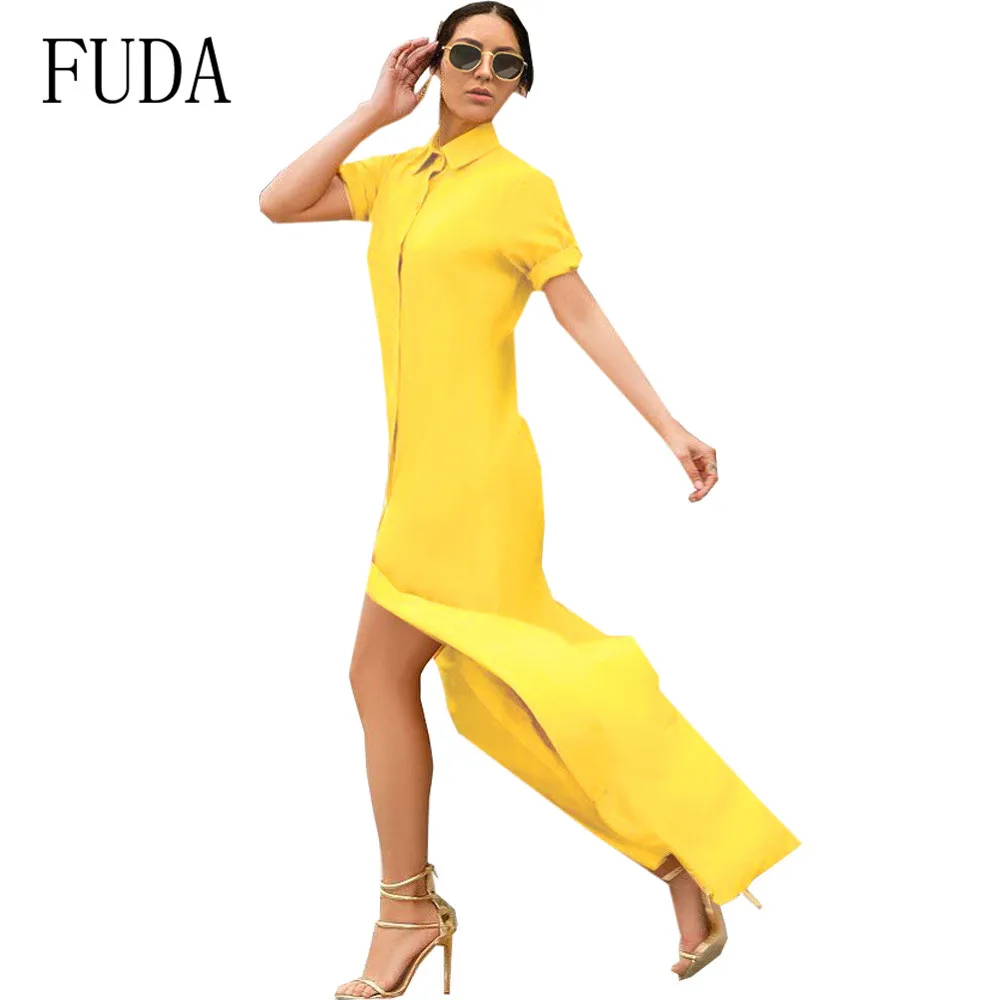 

FUDA Sexy Temperament Commuter High Split Maxi Dress Elegant Half Sleeve Casual Turn-down Neck Women Dress Streetwear Clothing