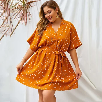 

2020 Summer Big Size Dress Polka Dot Women V Neck Short Party Oversized Dress Plus Size Elegant Loose Vestidos Female XXL XXXL