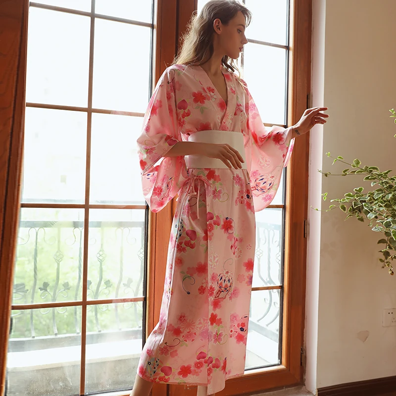 Sexy pink Japanese-style print kimono ancient robe bow perspective uniform temptation nightgown nightdress suit