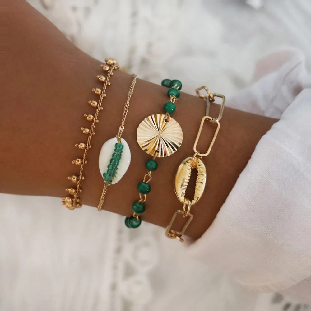 B1005 4 шт./компл. зеленый бисер цепь Браслеты Набор для Для женщин прядь круглые петли Шарм Браслеты Для женщин золото звено браслеты с цепочкой - Окраска металла: B1005