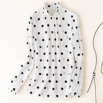 

in spring and autumn 2019 women's Crepe de Chine point business dress standing collar Long Sleeve Silk flower shirt
