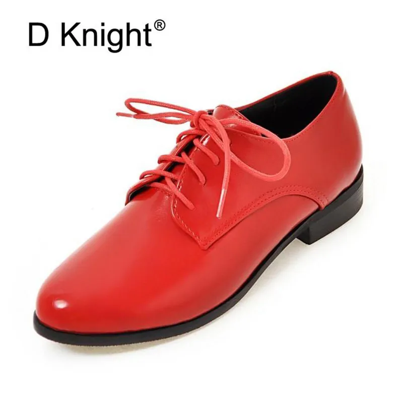 Size 30-50 British Lace Up Casual Student Flat Korean Patent Leather Lady Flat Brogue Shoes Spring Autumn Oxford Shoes For Woman