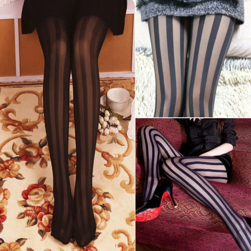 

Brand New Women's Punk Rock Vertical Striped Pantyhose Black Mesh Tights Ladies Sexy Thin Stockings Club Party Wear Summer