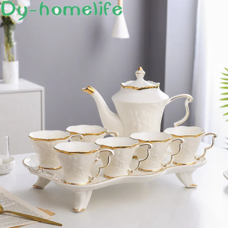 

Nordic Phnom Penh High Ceramic Tray Embossed Flower Ceramic Coffee Tea Set Restaurant Home Teapot Cup Coffee Set Water Set