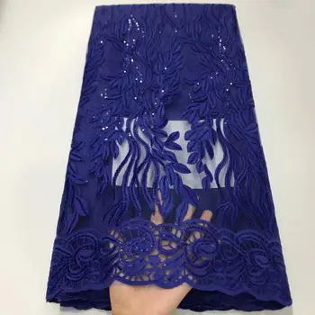 

New 2019 High Quality Blue African Sequins Lace Fabric French Net Embroidery Tulle Lace Fabric For Nigerian Wedding Party Dress