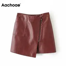 Асимметричная Женская Однотонная юбка из искусственной кожи, модные женские мини юбки на молнии, весенне-Летняя Сексуальная короткая одежда из искусственной кожи