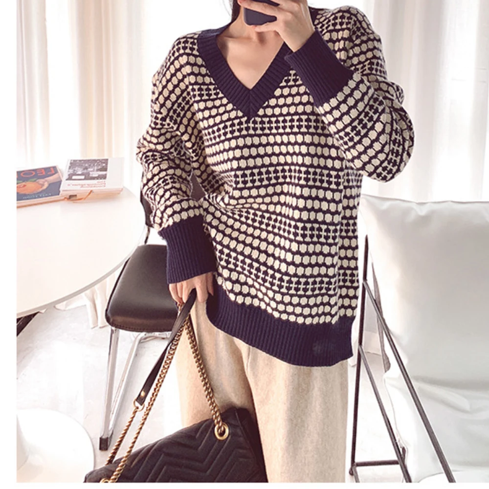 Werynica, женский свитер, винтажный, v-образный вырез, kazak, Свободный пуловер, Джерси, женский, корейский стиль, кашемир, truien dames, женский свитер