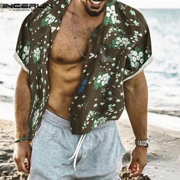 

INCERUN Stylish Men Hawaiian Shirt Printed Streetwear Button Lapel Short Sleeve Blouse 2020 Summer Beach Holiday Camisas S-3XL 7