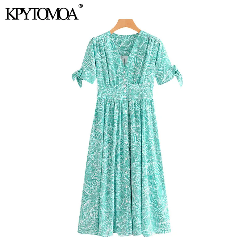 KPYTOMOA Women 2020 Chic Fashion Print Button-up Pleated Midi Dress Vintage V Neck Bow Tied Sleeves Female Dresses Vestidos KPYTOMOA Women 2020 Chic Fashion Print Button-up Pleated Midi Dress Vintage V Neck Bow Tied Sleeves Female Dresses Vestidos