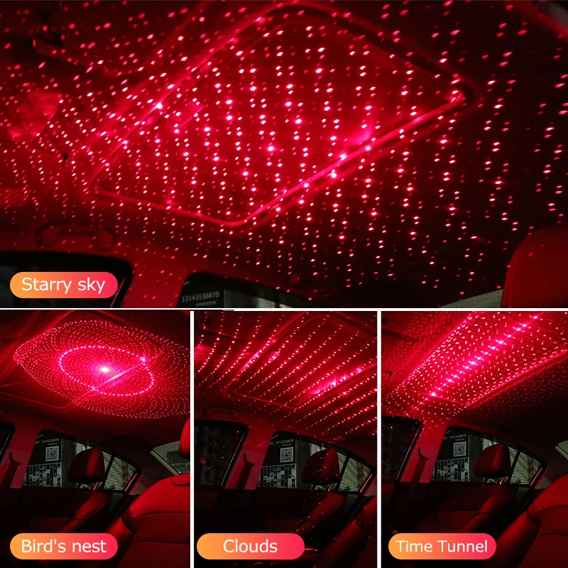 Adjustable Lens Laser Projector Mini USB LED Car Light Interior Atmosphere Decorative Lights Bird's nest, Time Tunnel