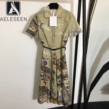 

AELESEEN Summer Women Cotton Dress 2020 High Quality Runway Fashion Short Sleeve Flower Print Elegant Party Holiday Dress