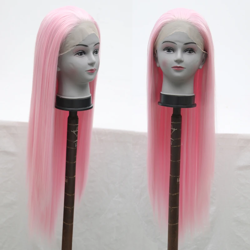 

RONGDUOYI Long Straight Pink Color Synthetic Half Hand Tied Heat Resistant Lace Front Wig High Temperature Fiber Wigs for Women