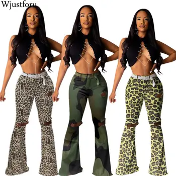 

Wjustforu 3 Color Leopard Print Flare Pants For Women Bell Casual Camouflage Ripped Pants Female Elegant Fashion Long Pants Slim