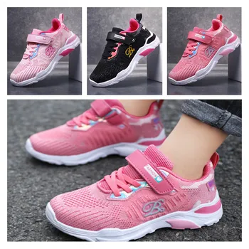 

Spring Autumn Fashion Kids Casual Air Mesh Patchwork Flat Shoes With Loop Fasteners Design Soft Bottom Low Band Shoes For Girls