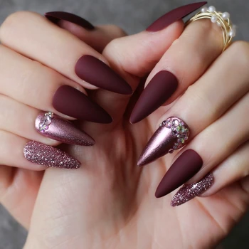 

Purple glitter DIY Salon press on nails Burgundy Stiletto long Salon Fake nails Rose metal crystal Nude false nails