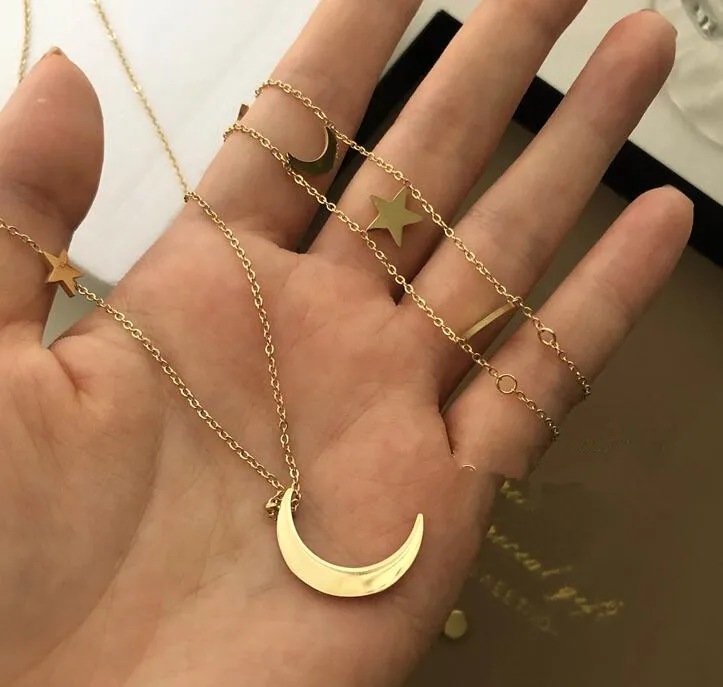 Amaiyllis 18k Gold Doppel Schicht Schlüsselbein Halskette Anhänger Mond Sterne Goldenen Halsreif Halsketten Für Frauen Sommer Schmuck – Detail 7