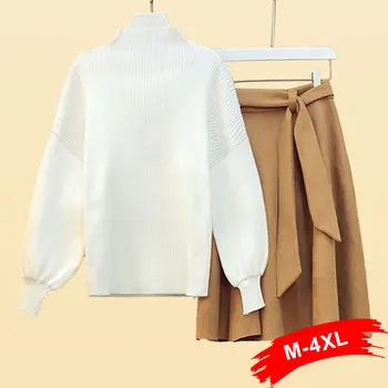 

Plus Size Turtleneck Knitting Sweater+Suede Feather Skirts 2 Pieces Sets Autumn Winter Warm White Jumper Pullovers+Bow Tie Skirt
