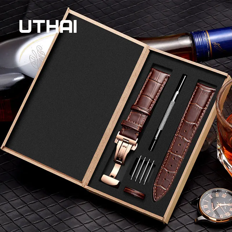 

UTHAI Z06 Plus Genuine Leather Watchbands 14-24mm Universal Watch Butterfly buckle Band Steel Buckle Strap + High-end Gift Box