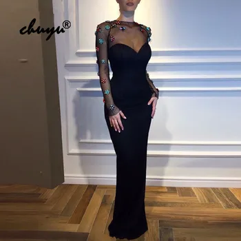 

Black Muslim Evening Dresses Mermaid Illusion Beaded Islamic Dubai Saudi Arabic Long Evening Gown Full Sleeve Prom Dress