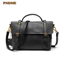 PNDME fashion genuine leather ladies handbag casual vintage natural real cowhide women's work travel shoulder messenger bag