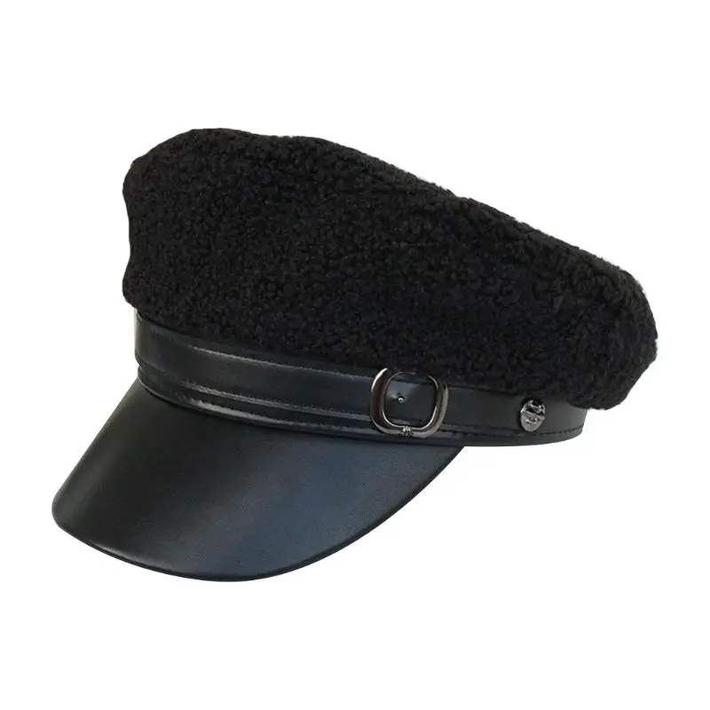 Black Womens French Newsboy Painter Beret Hat Plush Patchwork Faux Leather Visor Cap NEW - Цвет: Black