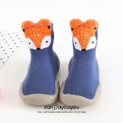 Chaussettes antidérapantes pour bébés avec semelles en caoutchouc, chaussures épaisses de dessin animé renard tigre, chaussettes de sol pour enfants, pantoufles mignonnes 
