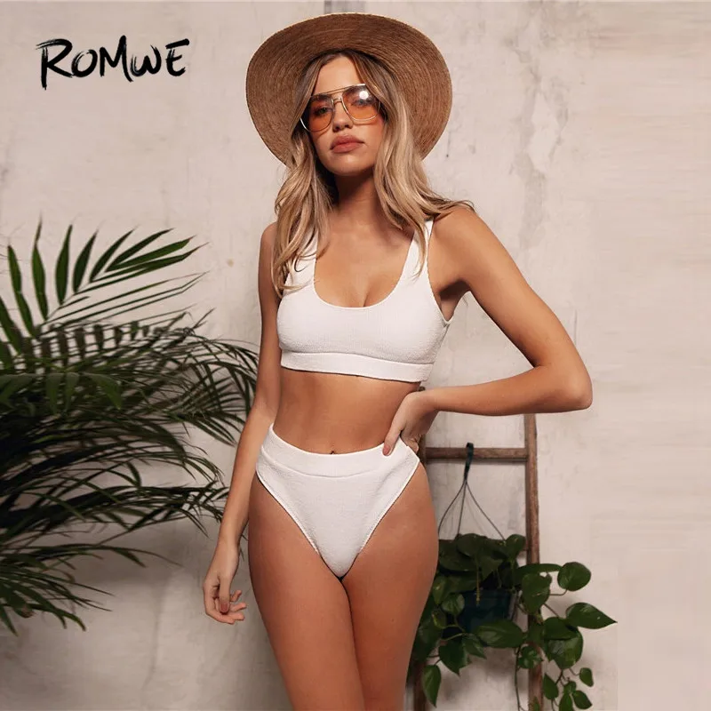 ROMWE Sporty White Rib High Waist Bikini Set Solid Swimwear Women Casual Scoop Neck Swim Suit Ladies Wireless Bathing Suit