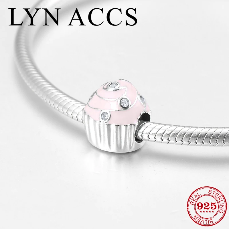 925 Sterling Silver pink enamel clear CZ fine ice cream shape Metal Beads for Jewelry making Fit Original LYNACCS Charm Bracelet | Украшения