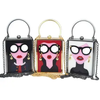 

Brand Luxury White Acrylic Evening Bag Women Funny Cute HandBags Glasses Girls Chain Day Clutch Vintage Red Mini Party Purse