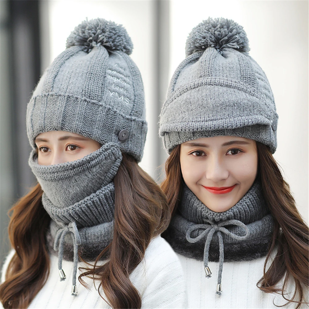 Новые брендовые зимние шапки женские защитные шапочки с ушками Skullies Hat с нагрудником наборы масок 3 женские теплые бархатные толстые шерстяные шапки для верховой езды