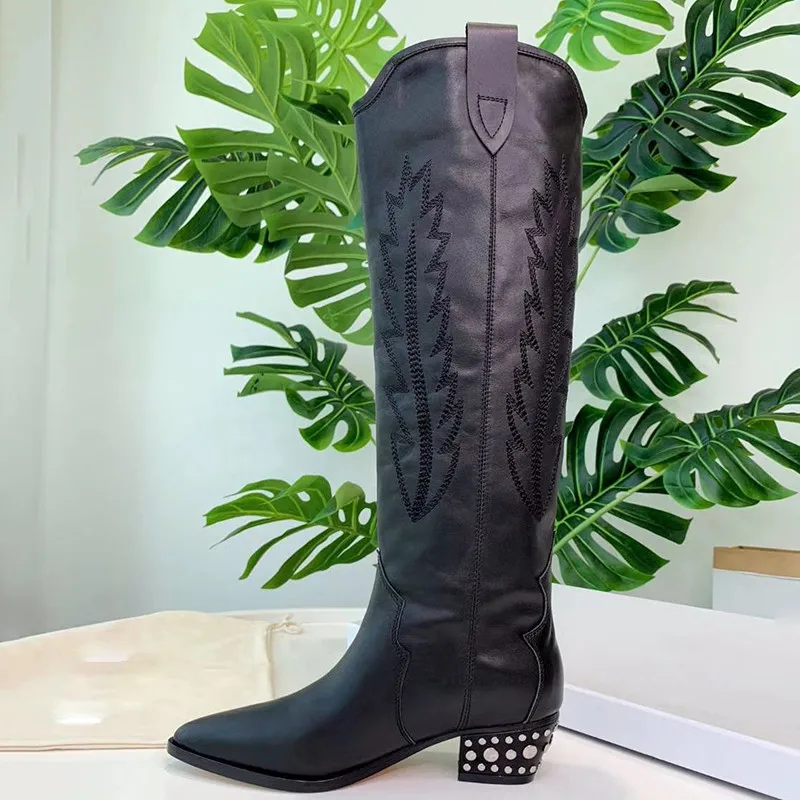 Женские ботинки для подиума с вышитыми цветами; Botas; Лидер продаж; рыцарские высокие сапоги с заклепками на каблуке «рюмочка»; ковбойская обувь с острым носком в стиле ретро; женская обувь; Mujer - Цвет: black long