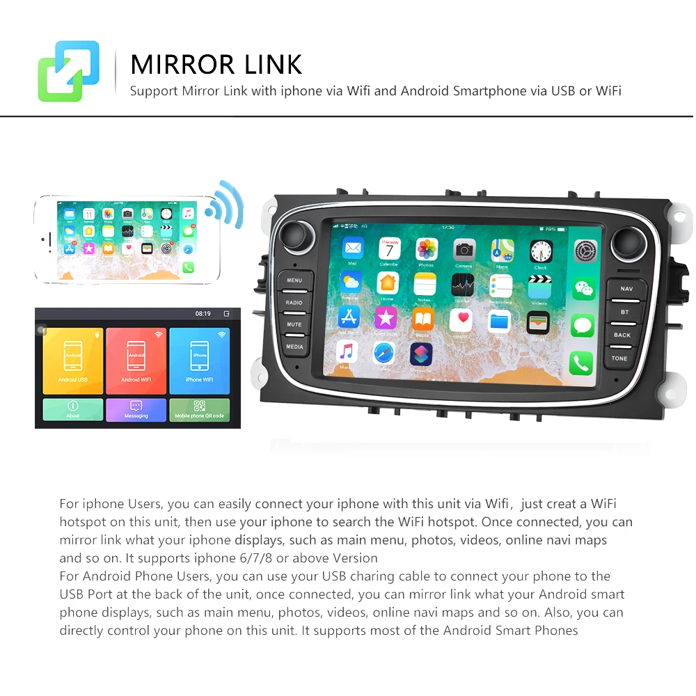 Podofo 2 Din Android 8.1 Auto Multimedia-Player GPS Autoradio 7 ''Auto Radios DVD Player für Ford/F