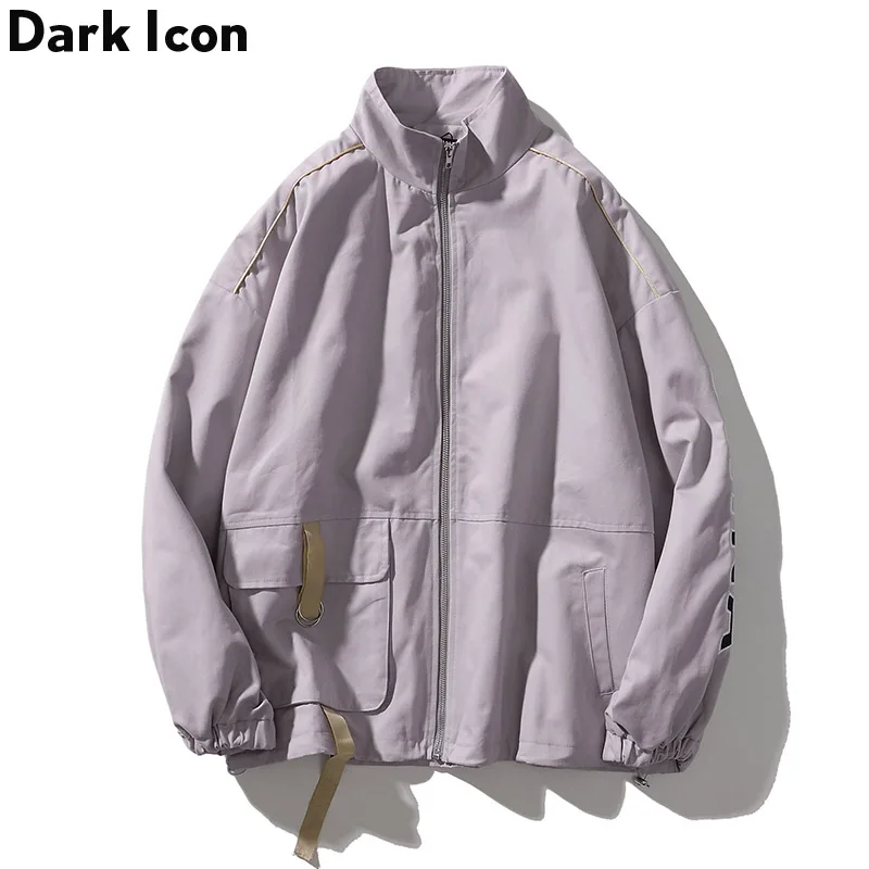 

Letter Embroidery Oversized Stand Collar Mens Jackets Irregular Pockets Men Thin Jacket Streetwear Clothes Black/Grey