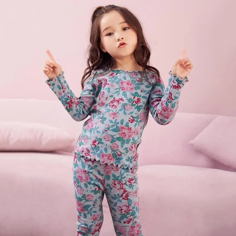Детские пижамные комплекты для девочек; корейский стиль; Милая хлопковая одежда с длинными рукавами и оборками; модный тренд; комплект из 2 предметов; топы и штаны