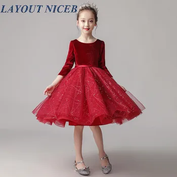

Knee Flower Girl Dresses Bling Sequins Tulle Pageant Dress Half Sleeve First Communion Dress Wedding Birthday Party Prom Dress