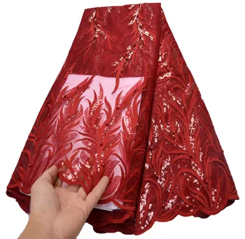 

African Net Sequins Lace Fabric Wine 2020 Hot Sale Nigerian Wedding Dress High Quality Organza French Net Mesh Lace