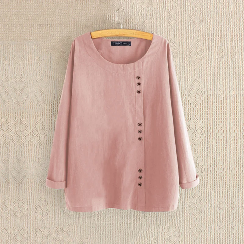ZANZEA женская блузка рубашка Осенняя мода Blusas Женская рабочая туника для офиса Топы Твердые o-образным вырезом пуговицы хлопок сорочка Mujer - Цвет: Розовый