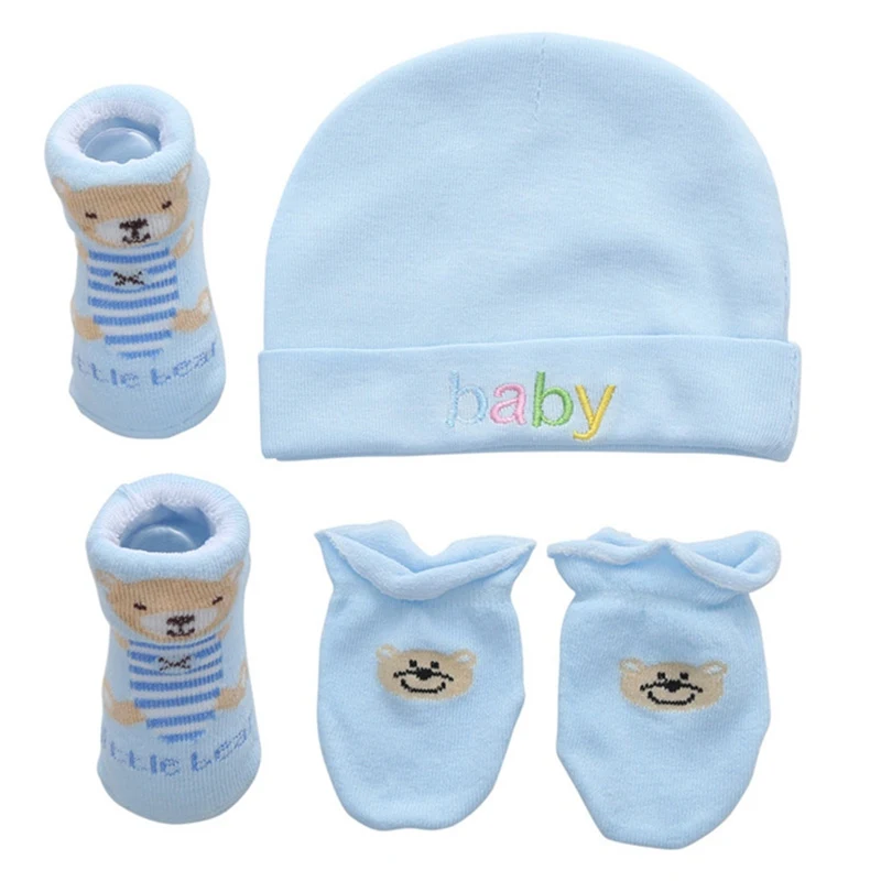 

Cute Cartoon Cotton Baby Socks+Hats+Anti-grab Face Gloves Set Newborn Striped Children Socks Gloves Set For 0-12 Months