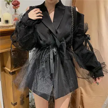 

Women Solid Long Sleeve Coat Turn-Down Collar Autumn Stitching Detachable Mesh Jacket Suit Casual Simple Fashion Jacket