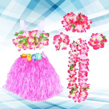 

6Pcs Hawaii Tropical Hula Grass Dance Skirt Kids Flower Leis Bracelets Headband Necklace Bra Set 40cm (Green Skirt)
