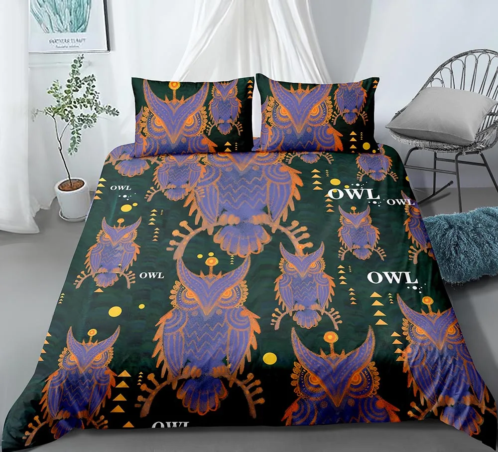 2/3 Pieces Purple Owl Bedding Set Cartoon Duvet Cover 3D Print Dark Bed Quilt Home Textile For Bedroom Pillowcase(no sheet | Дом и сад